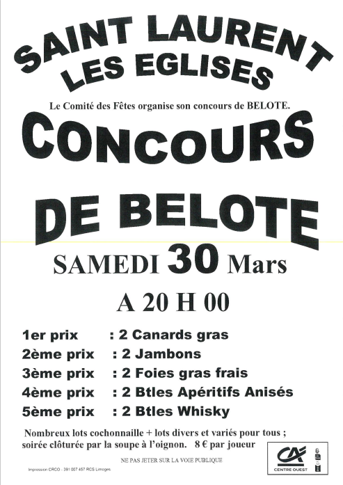 Concours de belote le 30 Mars 2024